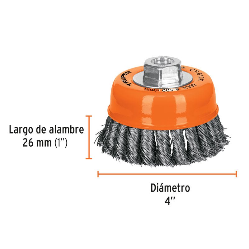 Carda copa de 4" de alambre trenzado grueso, eje 5/8" a 11, 17531 Truper CT610X - Tool Ferreterías / Ferretodo - Herramientas y material de construcción.