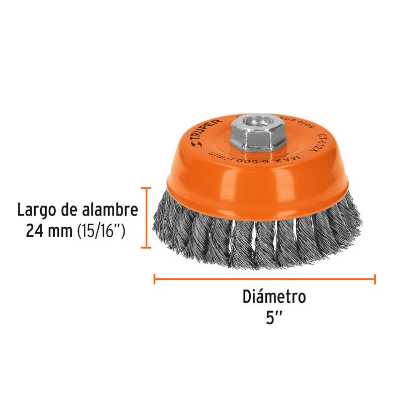 Carda copa de 5" de alambre trenzado grueso, eje 5/8" a 11, 11542 Truper CT612X - Tool Ferreterías / Ferretodo - Herramientas y material de construcción.