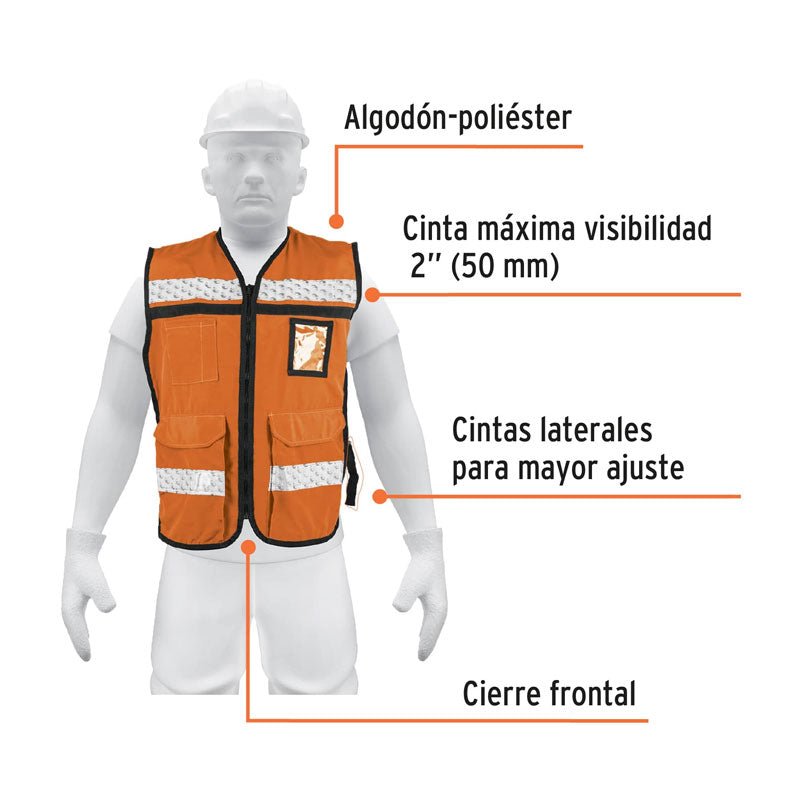 Chaleco brigadista con cintas reflejantes, color naranja, 14669 Truper CHS900N - Tool Ferreterías / Ferretodo - Herramientas y material de construcción.