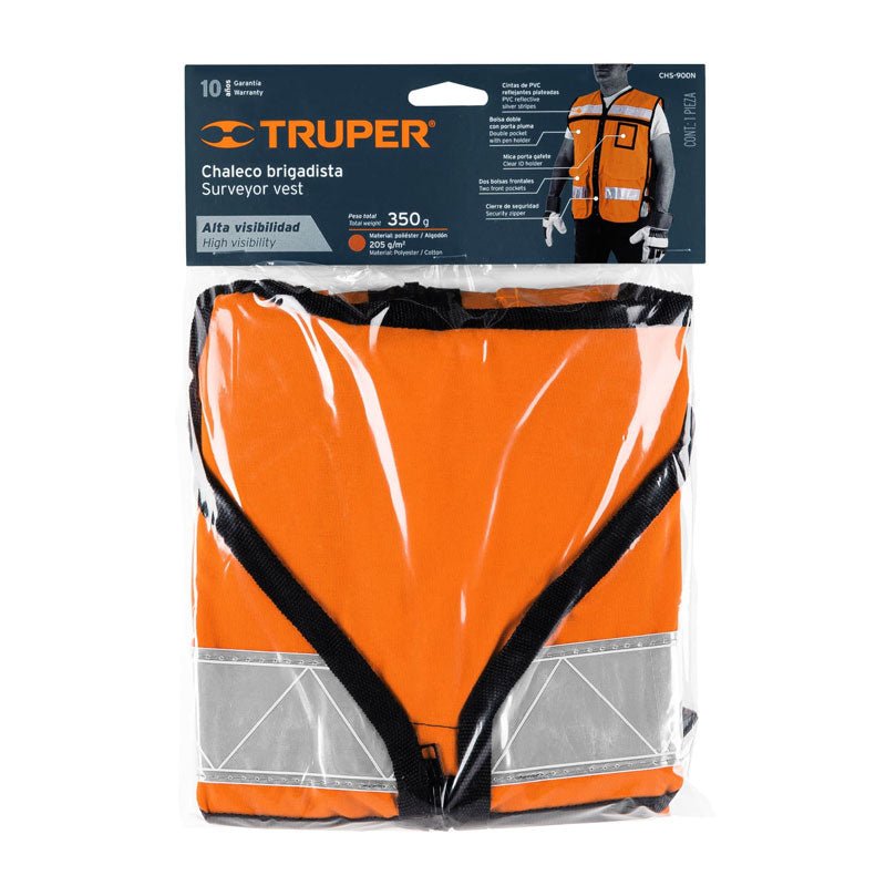 Chaleco brigadista con cintas reflejantes, color naranja, 14669 Truper CHS900N - Tool Ferreterías / Ferretodo - Herramientas y material de construcción.