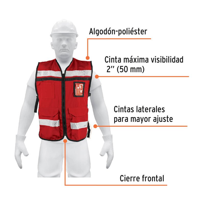 Chaleco brigadista con cintas reflejantes, color rojo, 14663 Truper CHS900R - Tool Ferreterías / Ferretodo - Herramientas y material de construcción.
