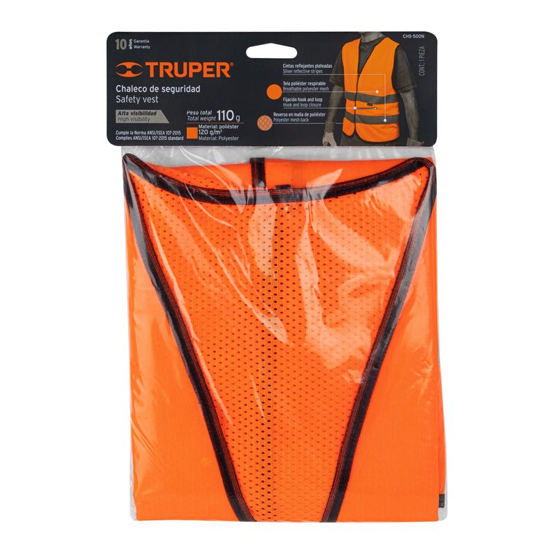 Chaleco de seguridad naranja con cintas de alta visibilidad, 14426 Truper CHS - 500N - Tool Ferreterías / Ferretodo - Herramientas y material de construcción.