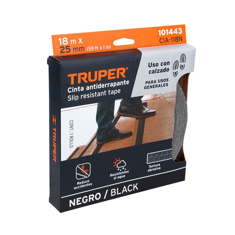 Cinta antiderrapante negra de 25 mm x 18 m con abrasivo 101443 Truper CIA118N - Tool Ferreterías / Ferretodo - Herramientas y material de construcción.