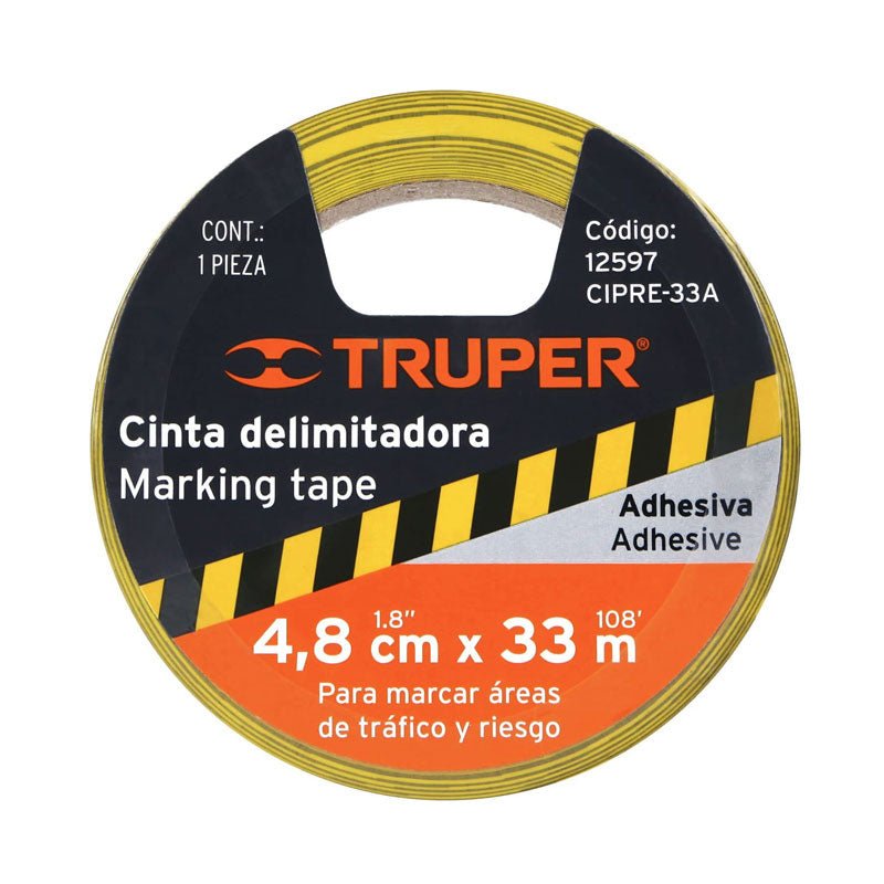 Cinta delimitadora de 48 mm x 33 m, color amarilla / negro, 12597 Truper CIPRE33A - Tool Ferreterías / Ferretodo - Herramientas y material de construcción.