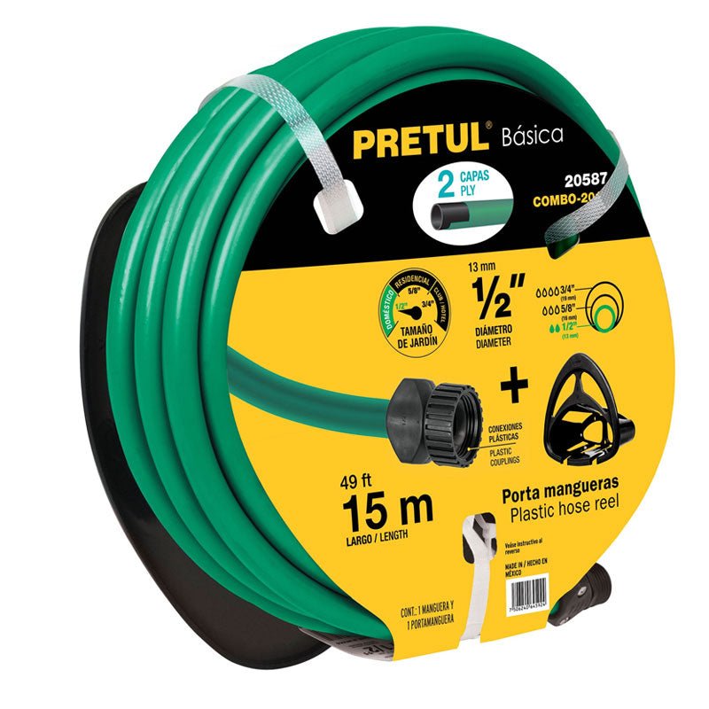 Combo Manguera Man 15X1/2P Y Portamanguera Negro, Pretul - Tool Ferreterías / Ferretodo - Herramientas y material de construcción.