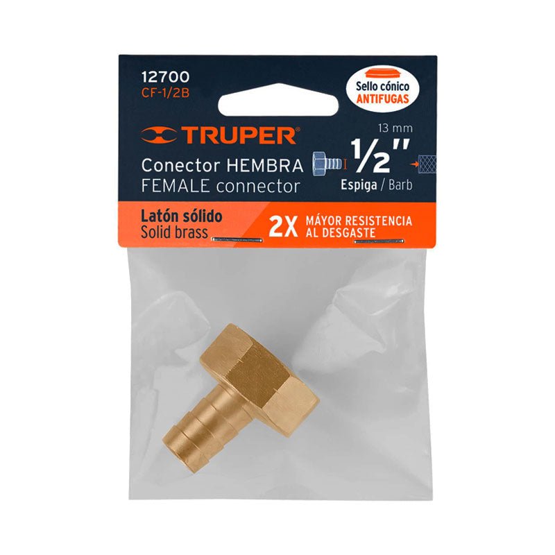 Conector 1/2" Hembra De Latón Sólido Para Manguera, Truper - Tool Ferreterías / Ferretodo - Herramientas y material de construcción.