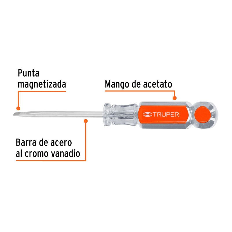 Desarmador cabinet de 3/16" x 3", mango de acetato, 14029 Truper DG 3/16X3 - Tool Ferreterías / Ferretodo - Herramientas y material de construcción.