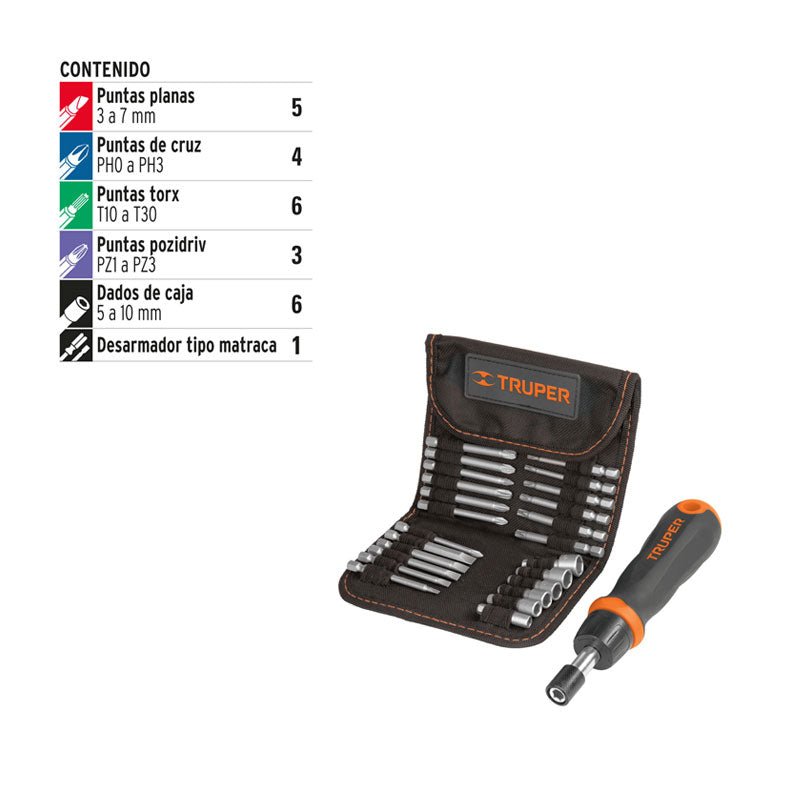 Desarmador Tipo Matraca Con 18 Puntas Y 6 Dados, Truper - Tool Ferreterías / Ferretodo - Herramientas y material de construcción.