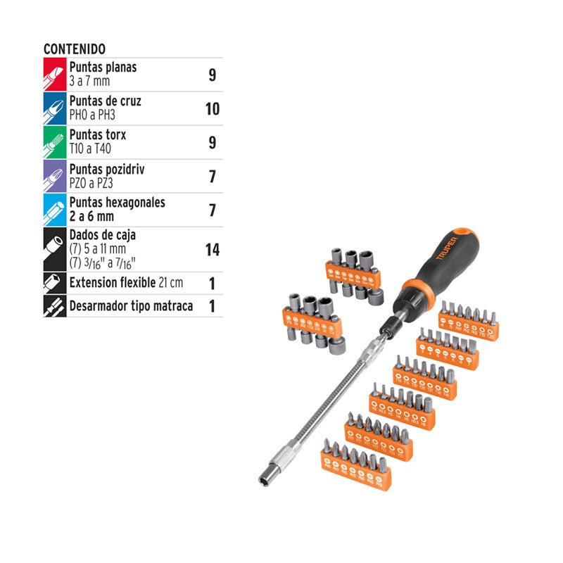 Desarmador Tipo Matraca Con 42 Puntas Y 14 Dados, Truper - Tool Ferreterías / Ferretodo - Herramientas y material de construcción.