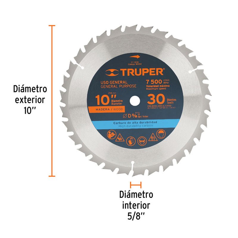 Disco Sierra 10" Para Madera, 30 Dientes Centro 5/8", Truper - Tool Ferreterías / Ferretodo - Herramientas y material de construcción.