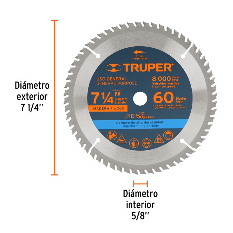 Disco sierra de 7 1/4" para madera, 60 dientes centro 5/8", 18324 Truper ST - 760 - Tool Ferreterías / Ferretodo - Herramientas y material de construcción.