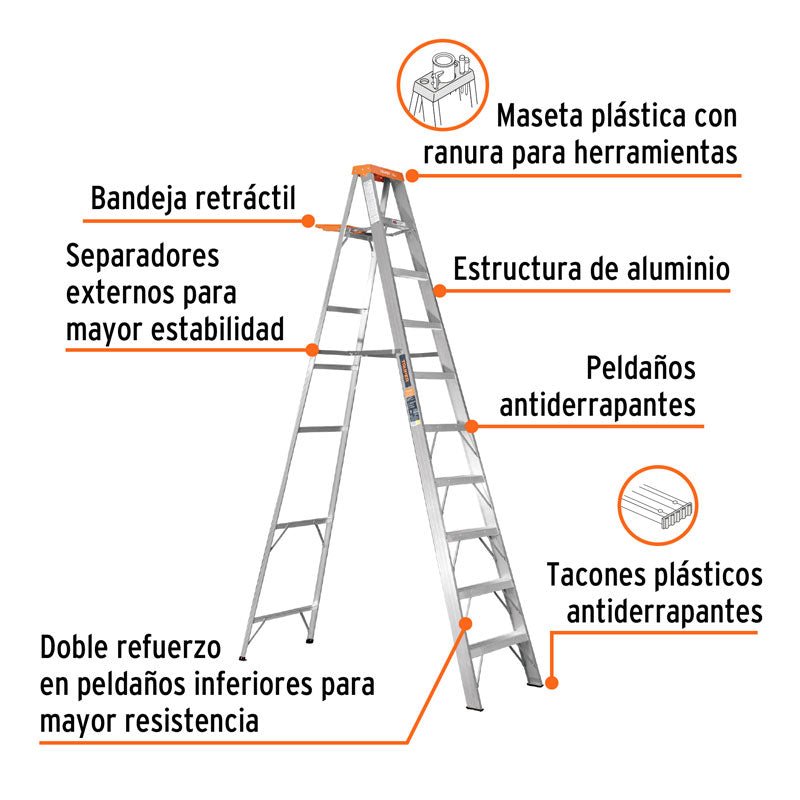 Escalera de tijera tipo II 9 peldaños y bandeja, 10436 Truper EST 29 - Tool Ferreterías / Ferretodo - Herramientas y material de construcción.