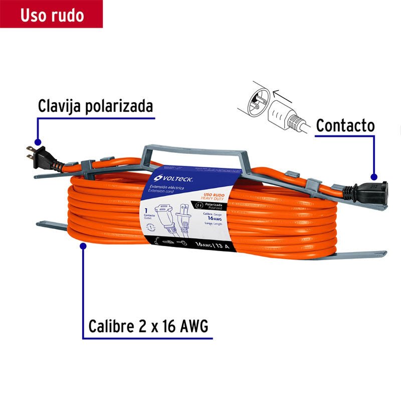 Extensión Eléctrica Uso Rudo 15 M 2X16 Awg Para 1 Clavija, Volteck - Tool Ferreterías / Ferretodo - Herramientas y material de construcción.
