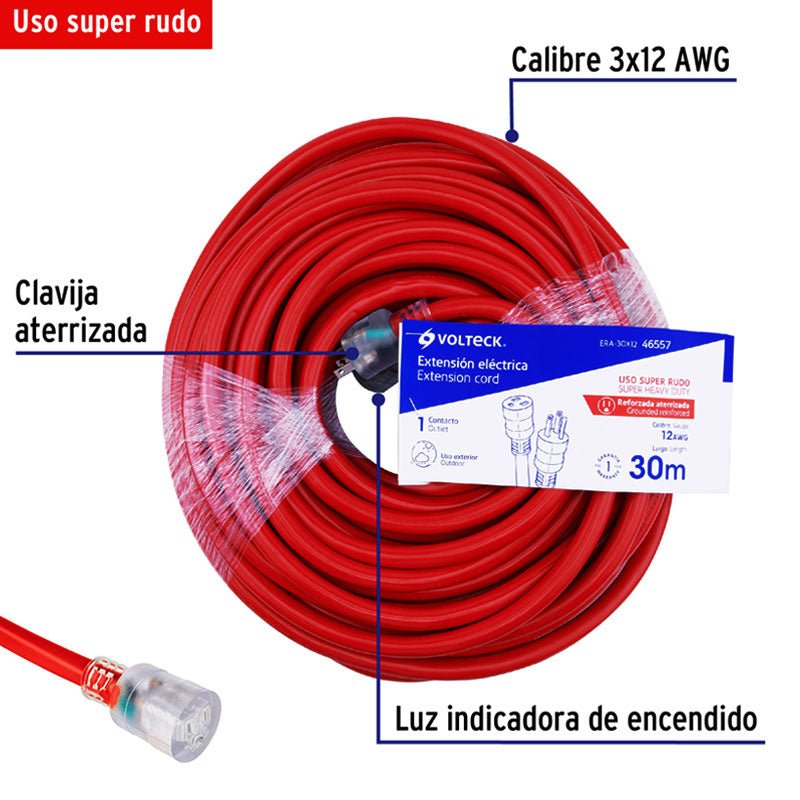 Extensión Reforzada Aterrizada 15 M 3X12 Awg, Volteck - Tool Ferreterías / Ferretodo - Herramientas y material de construcción.