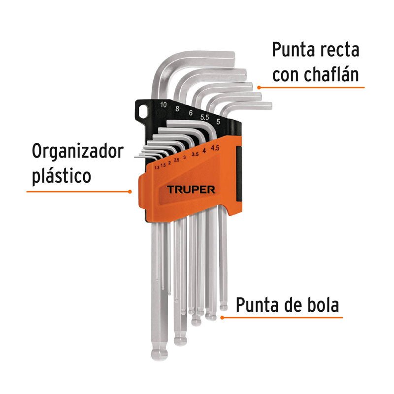 Juego 13 llaves allen largas mm con punta bola, con organizador, 13646 Truper ALLX 13M - Tool Ferreterías / Ferretodo - Herramientas y material de construcción.