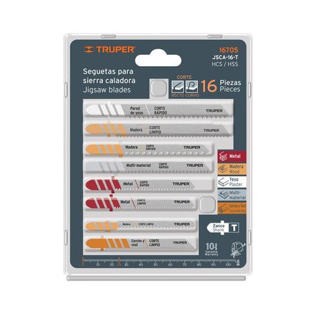 Juego de 16 seguetas para caladora zanco "T" corte recto, 16705 Truper JSCA - 16 - T - Tool Ferreterías / Ferretodo - Herramientas y material de construcción.
