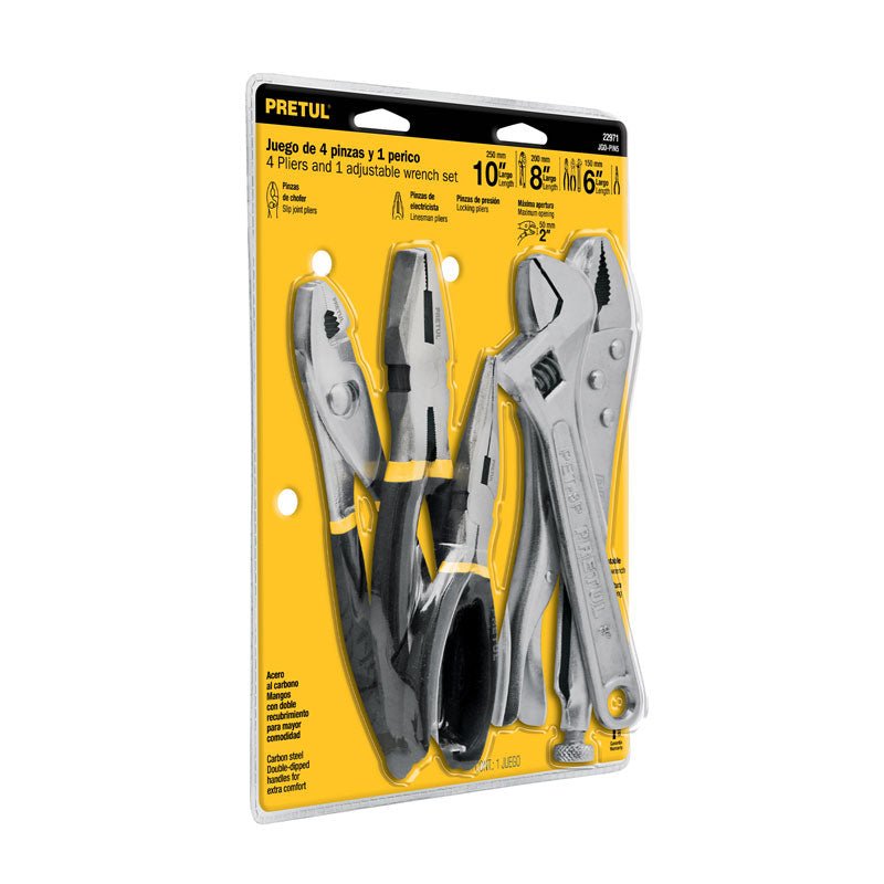 Juego de 4 pinzas y 1 llave ajustable (perico), 22971 Pretul JGO PIN5 - Tool Ferreterías / Ferretodo - Herramientas y material de construcción.