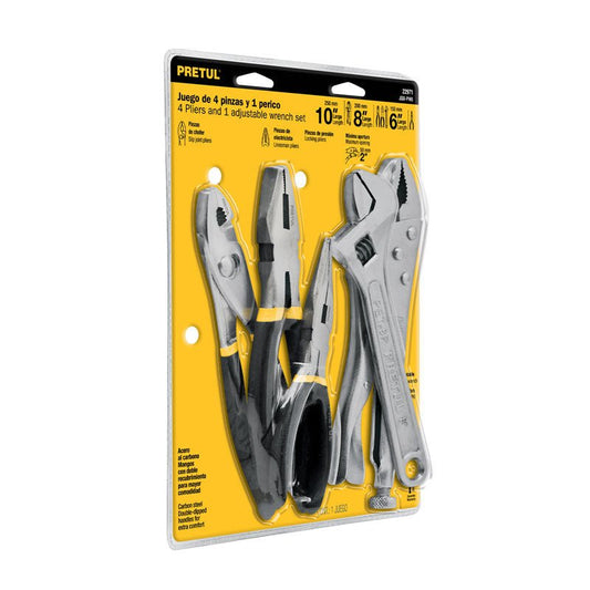Juego de 4 pinzas y 1 llave ajustable (perico), 22971 Pretul JGO PIN5 - Tool Ferreterías / Ferretodo - Herramientas y material de construcción.