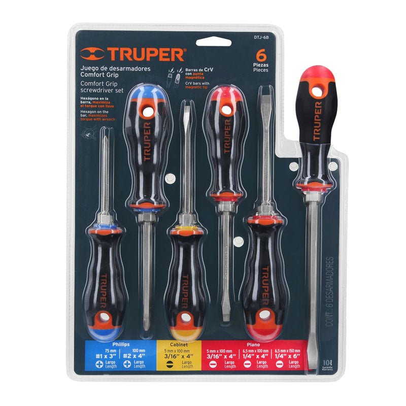 Juego de 6 desarmadores mango Comfort Grip, 19621 Truper DTJ 6B - Tool Ferreterías / Ferretodo - Herramientas y material de construcción.