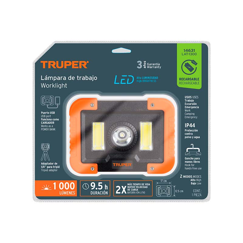 Lampara led 1000lm recargable LAT - 1300 Truper - Tool Ferreterías / Ferretodo - Herramientas y material de construcción.