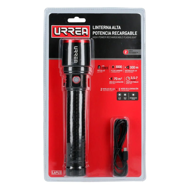 Linterna de LED de alta potencia recargable de 3,000 lm, LAPU3 Urrea - Tool Ferreterías / Ferretodo - Herramientas y material de construcción.