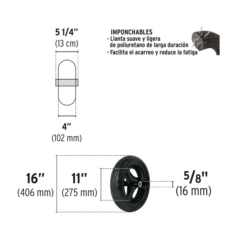 Llanta para carretilla imponchable de 16", incluye eje y baleros, 19658 Truper RNX - Tool Ferreterías / Ferretodo - Herramientas y material de construcción.
