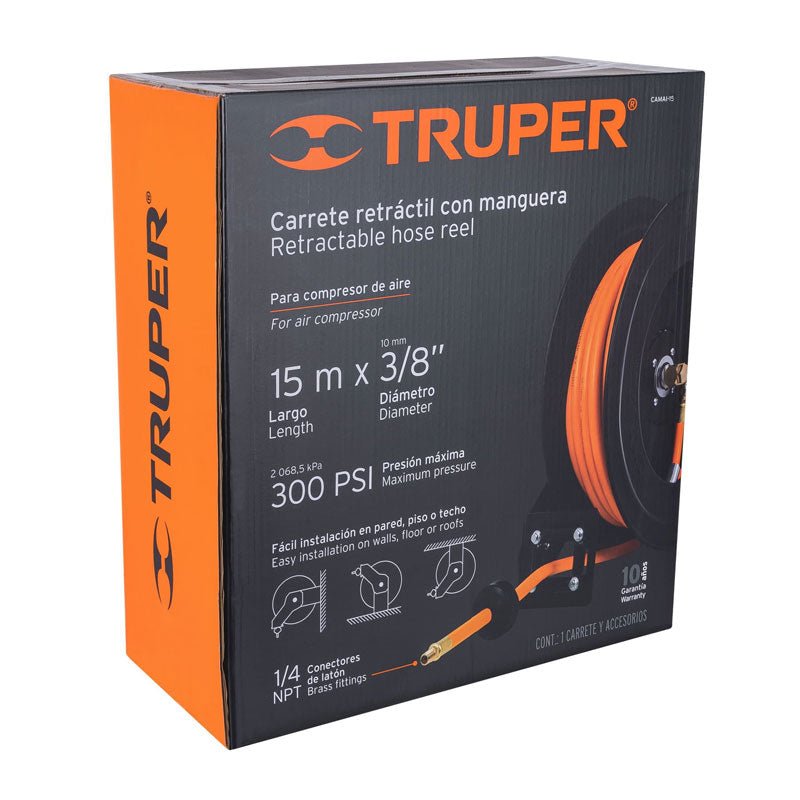 Manguera para compresor de hule de 15 m x 3/8", carrete retráctil, 10388 Truper CAMAI 15 - Tool Ferreterías / Ferretodo - Herramientas y material de construcción.