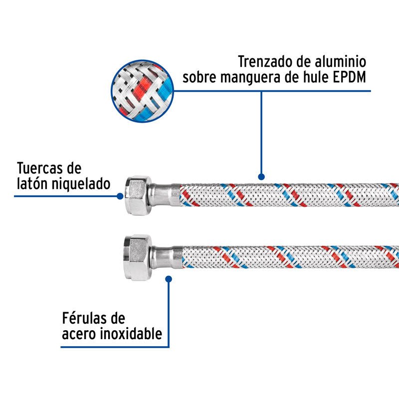 Manguera para WC de 1/2" x 7/8" x 35 cm de aluminio, 26022 Foset FWC 35P - Tool Ferreterías / Ferretodo - Herramientas y material de construcción.