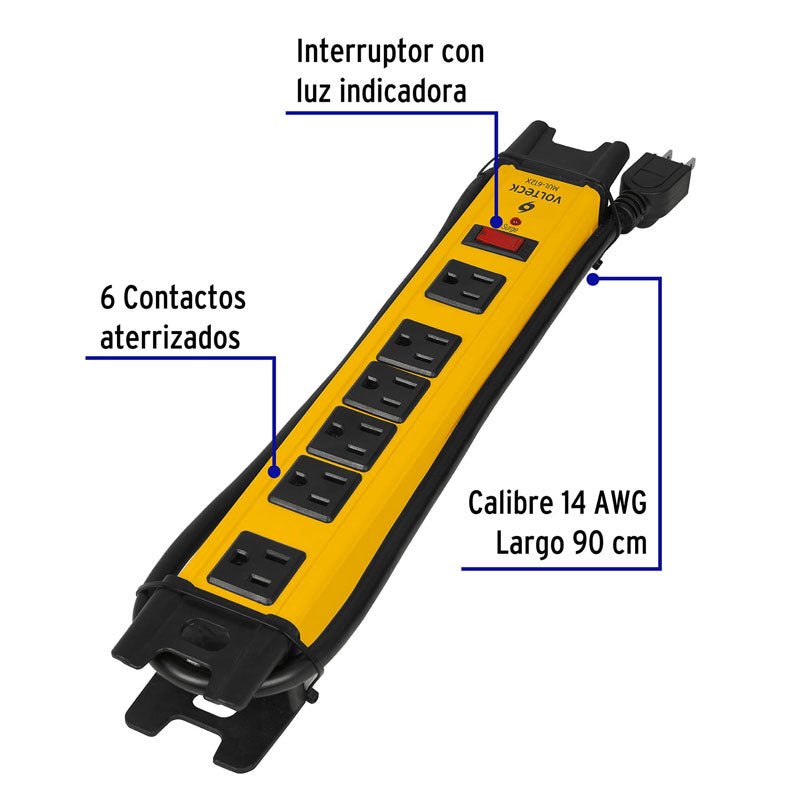 Multicontacto 14 AWG industrial supresor de picos 6 entradas, 48186 Volteck MUL 612X - Tool Ferreterías / Ferretodo - Herramientas y material de construcción.