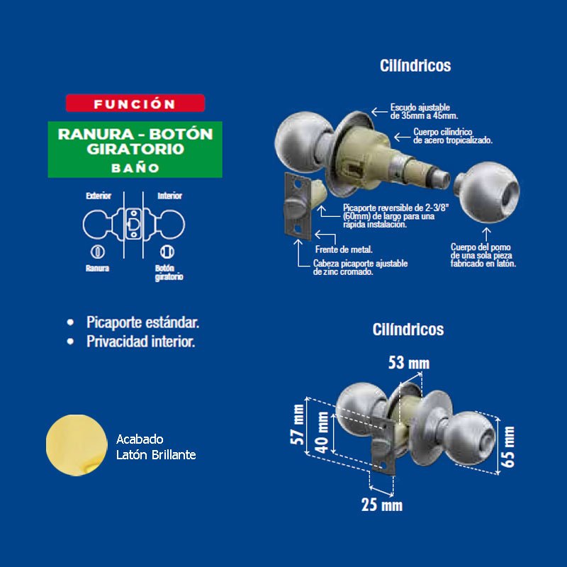 Perilla Yale Ball Baño Latón Brillante Mx80018 - Tool Ferreterías / Ferretodo - Herramientas y material de construcción.