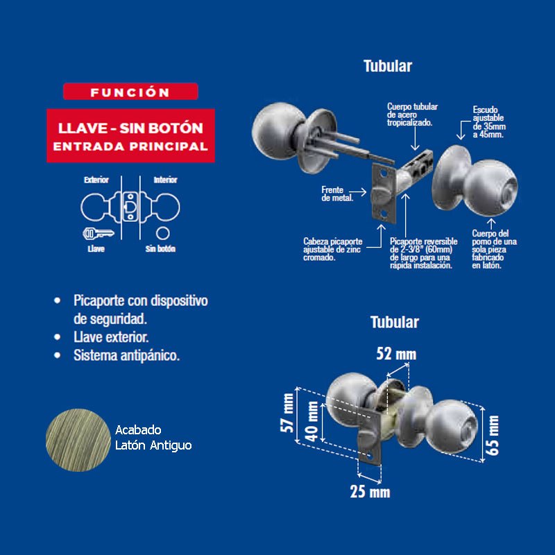 Perilla Yale Nobel Entrada Latón Antiguo Mx85839 - Tool Ferreterías / Ferretodo - Herramientas y material de construcción.