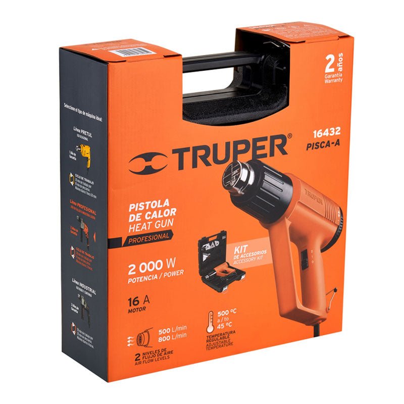 Pistola de calor de 2000 W con 9 accesorios, profesional, 16432 Truper PISCA A - Tool Ferreterías / Ferretodo - Herramientas y material de construcción.