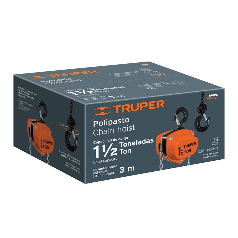 Polipasto de cadena de 1 1/2 toneladas, 16825 Truper POL11/2 - Tool Ferreterías / Ferretodo - Herramientas y material de construcción.
