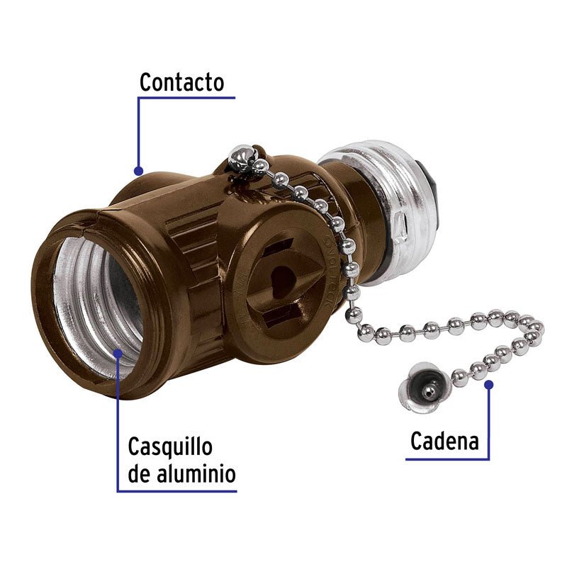 Portalámpara de baquelita con cadena y doble contacto, color café, 46512 Volteck POBA 16 - Tool Ferreterías / Ferretodo - Herramientas y material de construcción.