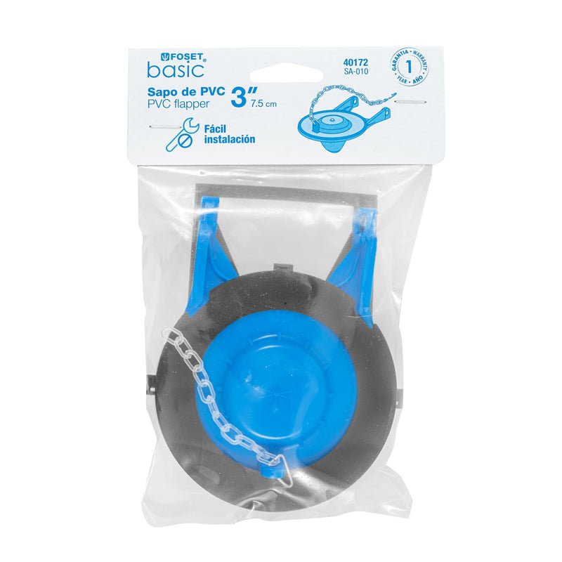 Sapo de 3" para WC, PVC, azul, cadena plástica, 40172 Foset SA - 010 - Tool Ferreterías / Ferretodo - Herramientas y material de construcción.