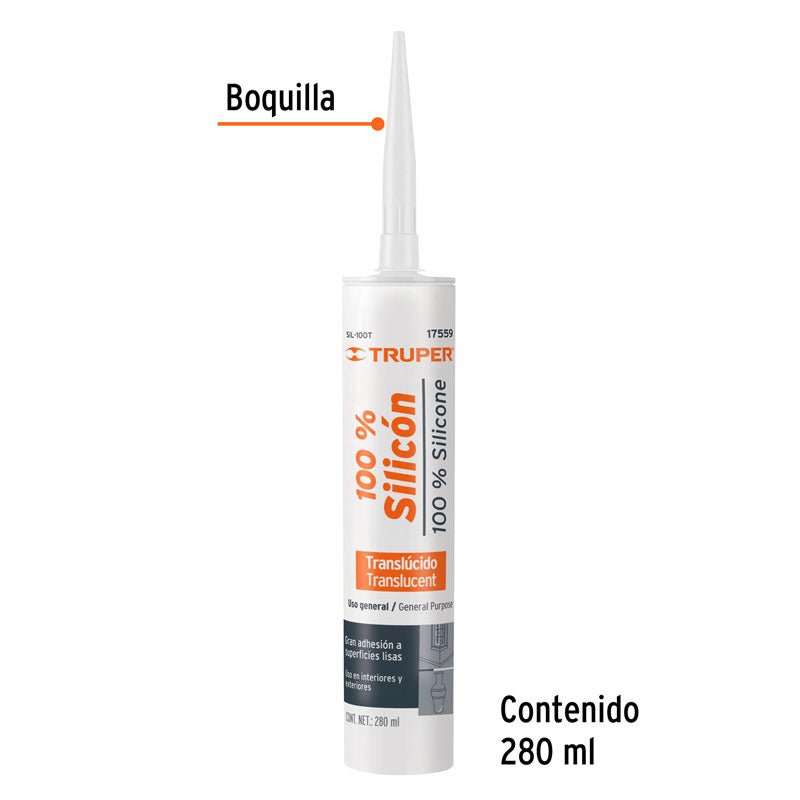 Sellador transparente 100% silicón de 280 ml, 17559 Truper SIL100T - Tool Ferreterías / Ferretodo - Herramientas y material de construcción.