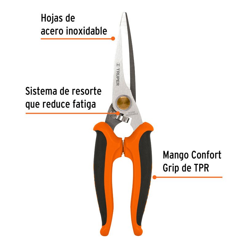 Tijera de 8" multiusos de acero inoxidable, mango Comfort Grip, 18493 Truper TIMU 8 - Tool Ferreterías / Ferretodo - Herramientas y material de construcción.