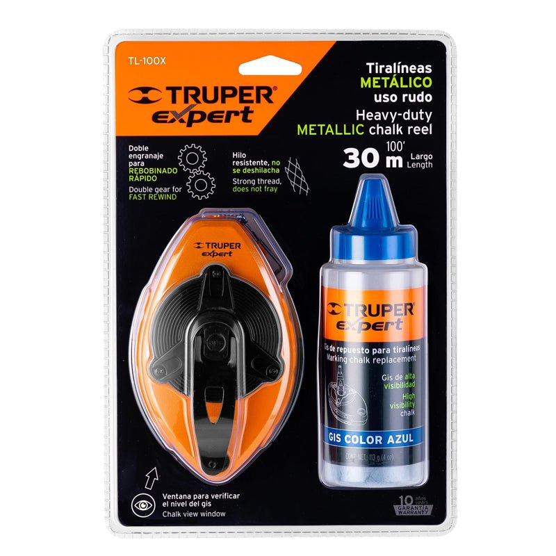 Tiralíneas metálico con gis de 30 m (100 ft), uso rudo, 18579 Truper Expert TL 100X - Tool Ferreterías / Ferretodo - Herramientas y material de construcción.