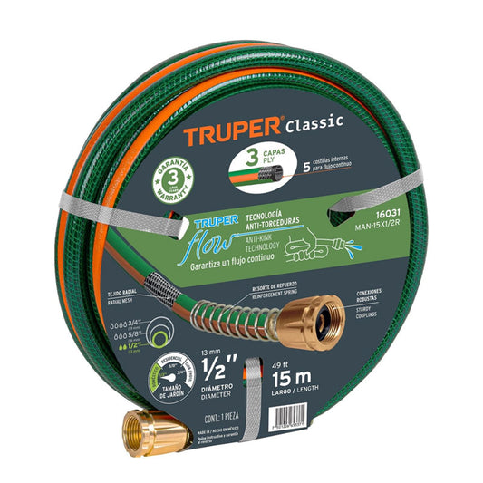 Manguera 1/2" Reforzada 3 Capas 15 M Conexiones De Metal