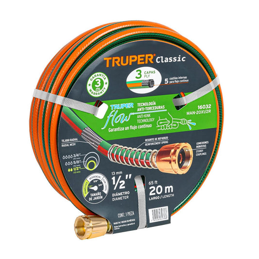 Manguera 1/2" Reforzada 3 Capas 20 M Conexiones De Metal