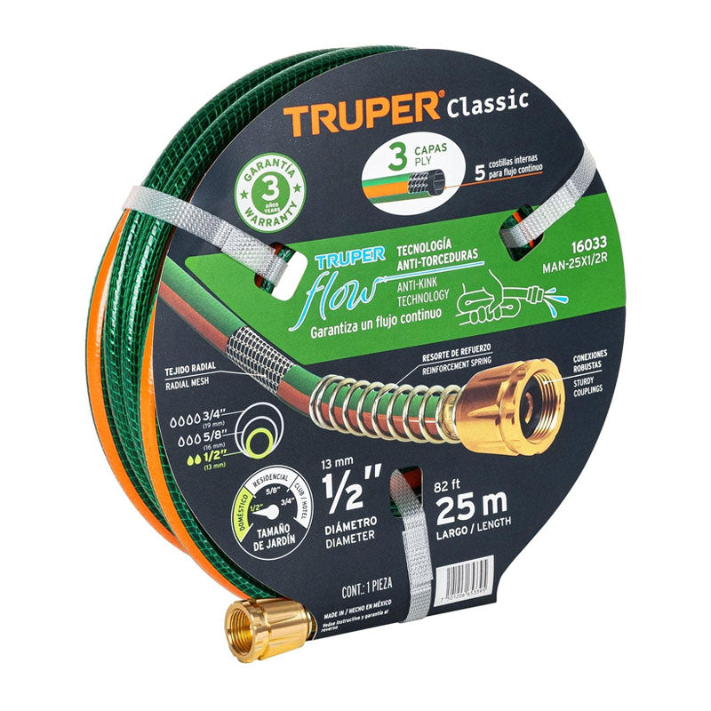 Manguera 1/2" Reforzada 3 Capas 25 M Conexiones De Metal