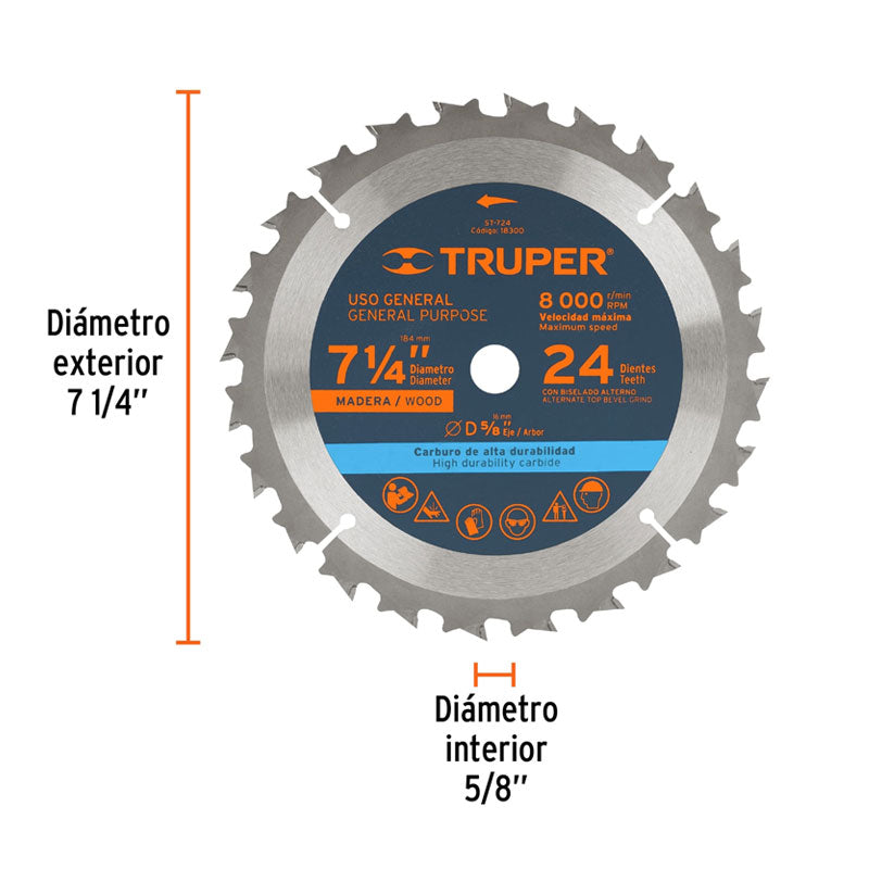 Disco Sierra 7 1/4" Para Madera, 24 Dientes Centro 5/8", Truper