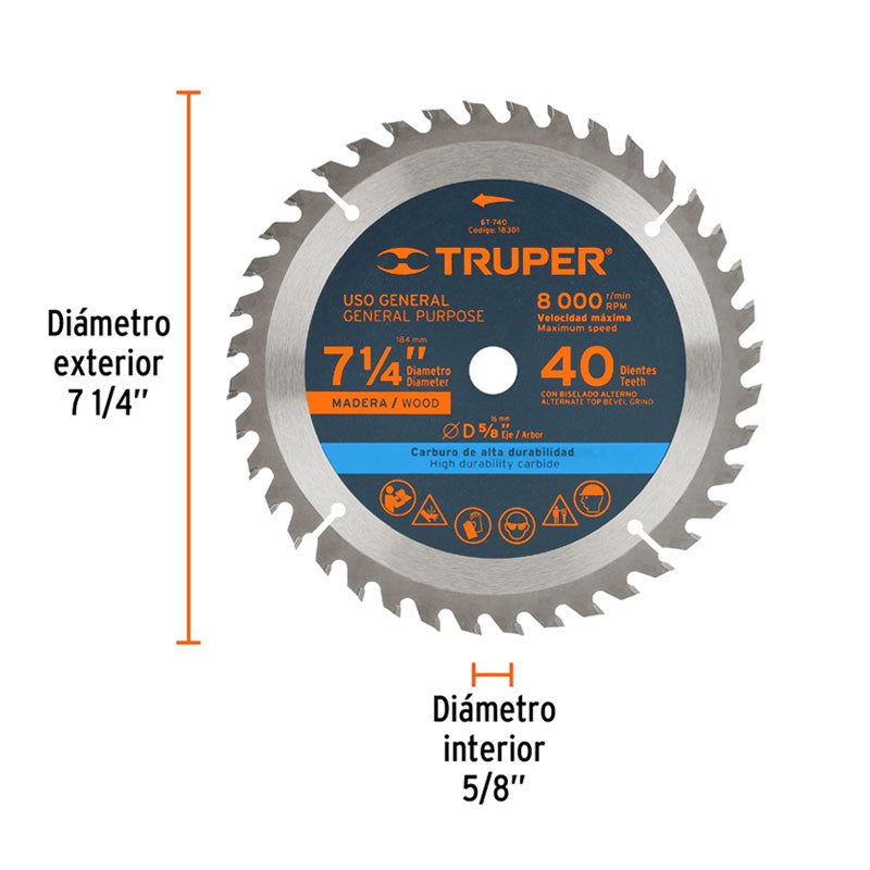 Disco Sierra 7 1/4" Para Madera, 40 Dientes Centro 5/8", Truper