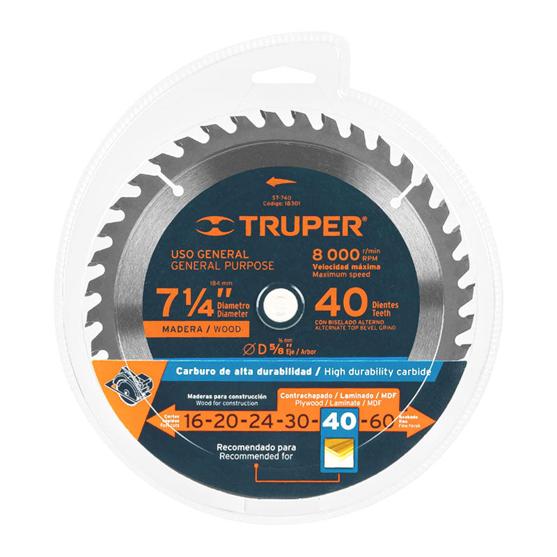 Disco Sierra 7 1/4" Para Madera, 40 Dientes Centro 5/8", Truper