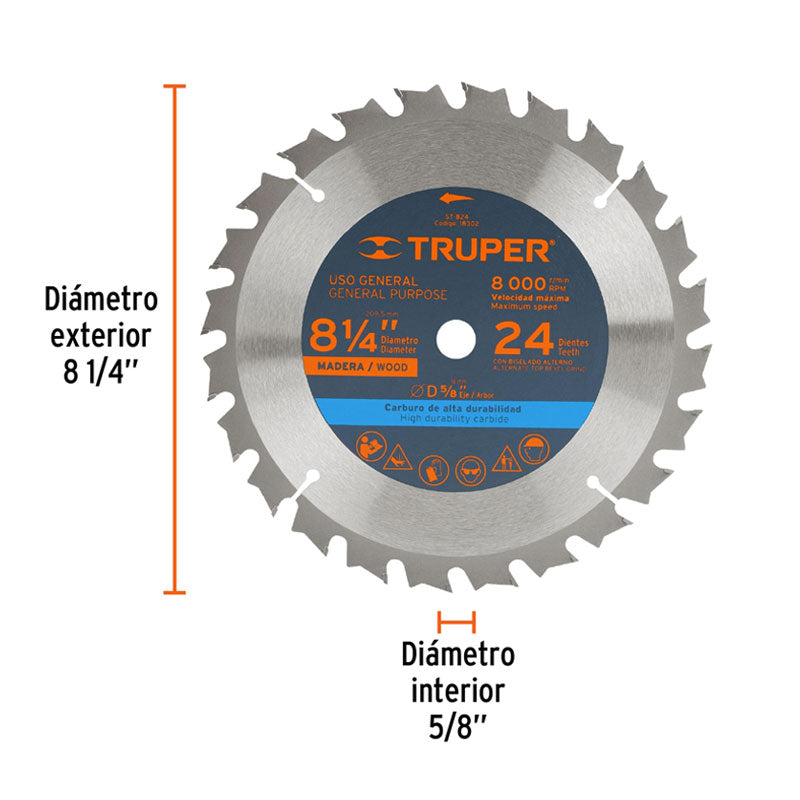 Disco Sierra 8 1/4" Para Madera, 24 Dientes Centro 5/8", Truper