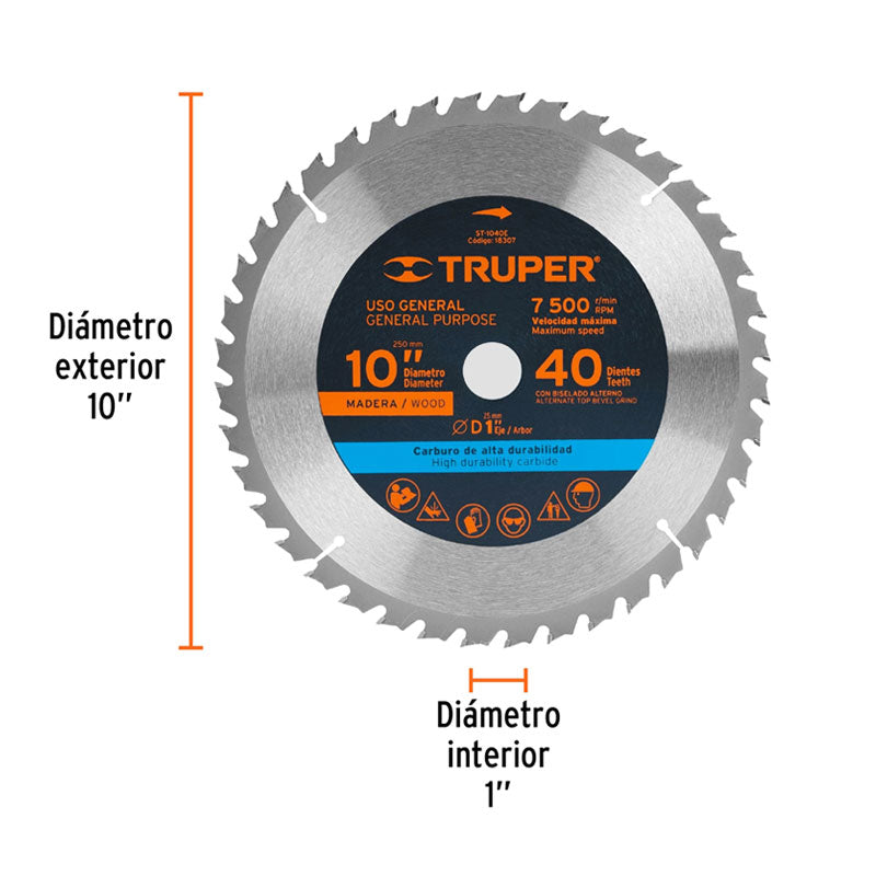 Disco Sierra 10" Para Madera, 40 Dientes Centro 1", Truper