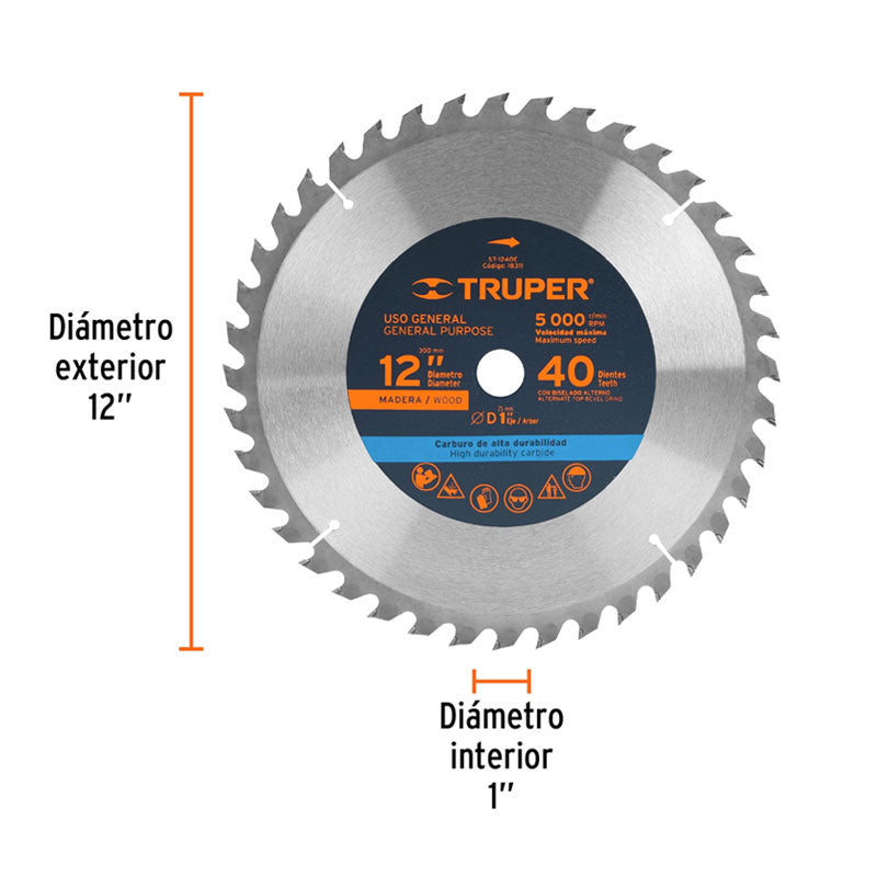 Disco Sierra 12" Para Madera, 40 Dientes Centro 1", Truper