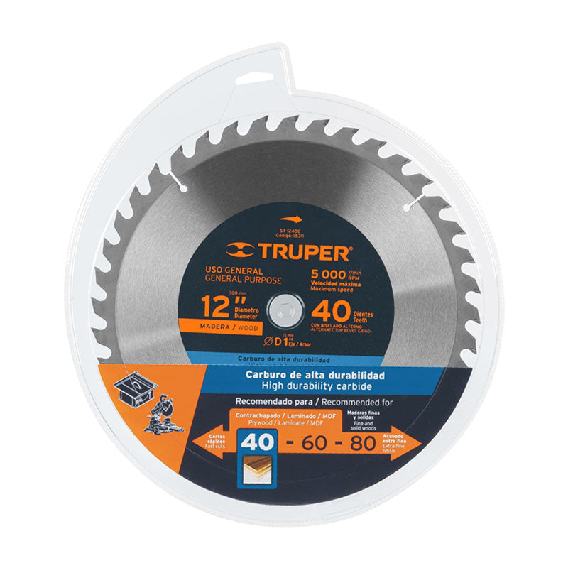 Disco Sierra 12" Para Madera, 40 Dientes Centro 1", Truper