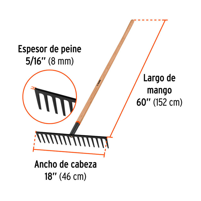 Rastrillo Recto Reforzado, 16 Dientes, Mango De 60", Truper