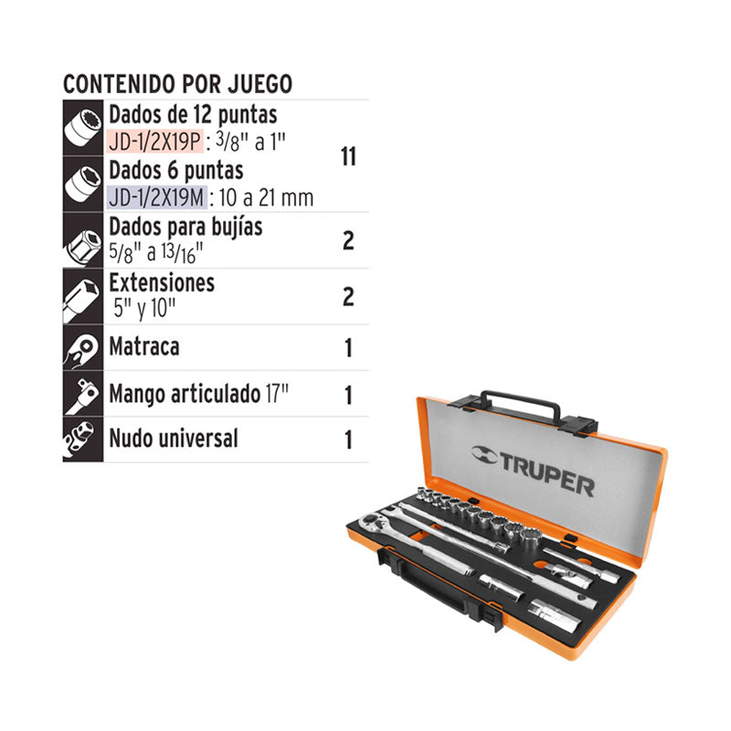 Juego De 18 Herramientas Cuadro 1/2" Std Para Mecánico
